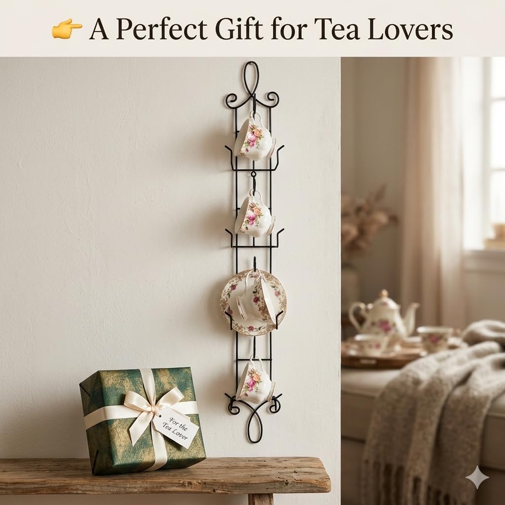 HOHIYA Wall Mount Tea Cup Rack 2 Pack Coffee Mug Organizer Black | Displays and organizes teacups, coffee mugs and