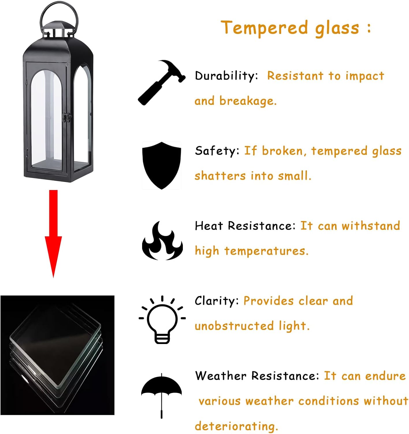 Bdor 16 Inch Outdoor Indoor Lantern Decor Black Metal Candle Lantern 1 Pack | Tempered glass panels, sturdy metal
