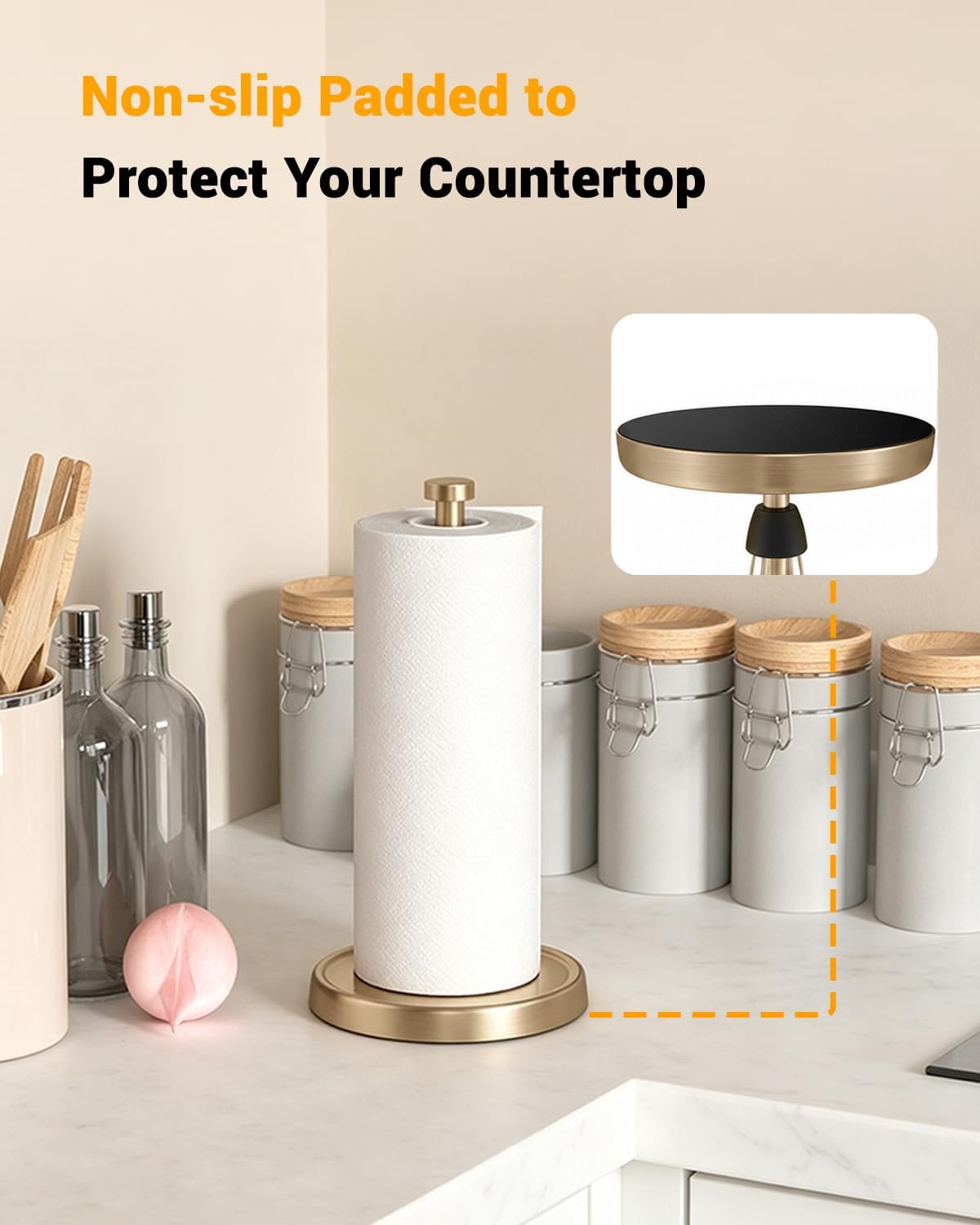 Paper Towel Holder Countertop, Gold Kitchen Accessories Decor, Stainless Steel, Weighted Base, Warm Gold, Paper Towel