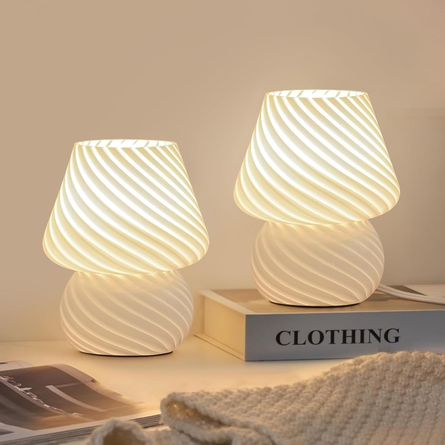 ONEWISH Mushroom Lamps Set of 2 - Small Bedside Table Lamp with Striped Glass, Nightstand Lamp for Bedroom, Living