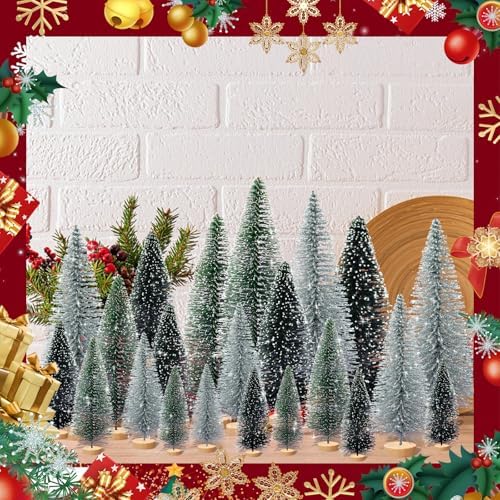30pcs Tiny Christmas Trees for Christmas Decorations, Mini Artificial Christmas Tree Small with Snowflakes Bottle Brush Trees for Christmas Decor Party Home Table Top Winter Crafts Decorations
