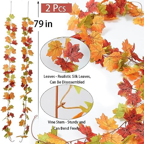 Mizii 2 Strands Artificial Maples Vines Garland 79" Fake Vine Silk Maple Leaves Faux Hanging Fall Garland for Fall Decor Thanksgiving Porch Mantle Fireplace Farmhouse Harvest Decorations (Maple)