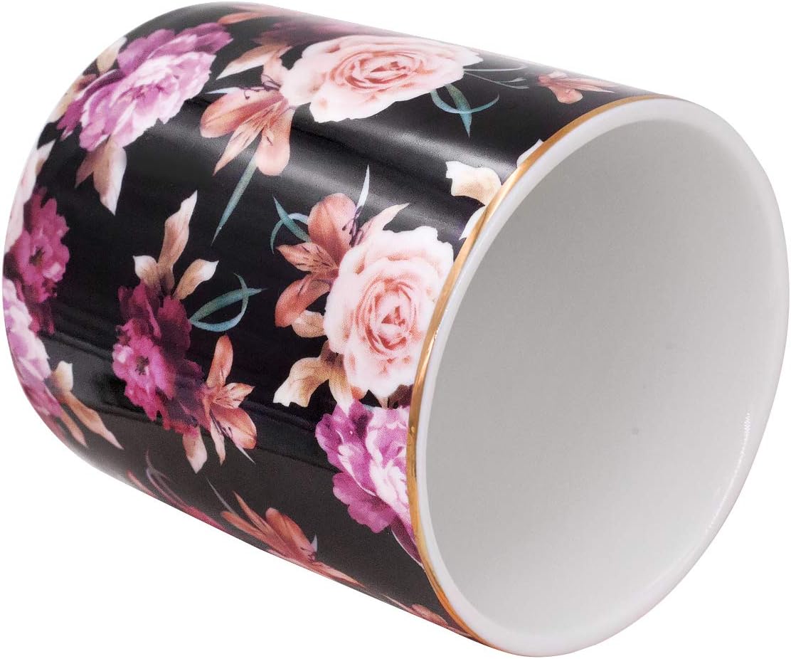 Floral Makeup Brush Holder Durable Ceramic Flower Design Desk Pencil / Black Flower