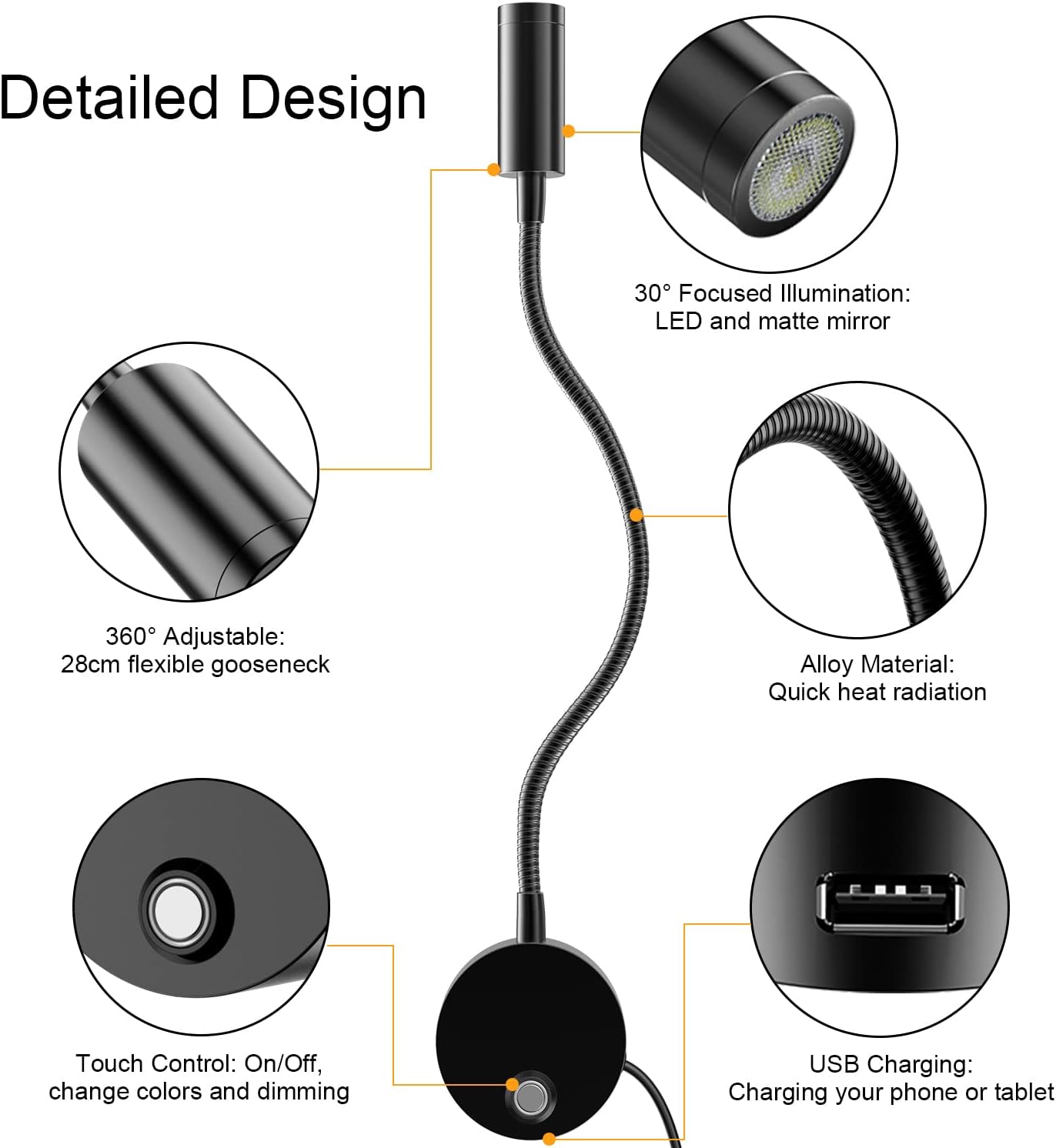 Wall Mounted LED Reading Light with 15" Flexible Gooseneck, Dimmable Book Light for Reading In Bed with USB Charging