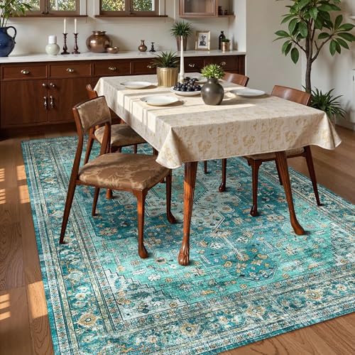 Washable Area Rug 8' x 10' Vintage Traditional Persian Mat - Foldable Distressed Non-Slip Machine Washable Carpet for