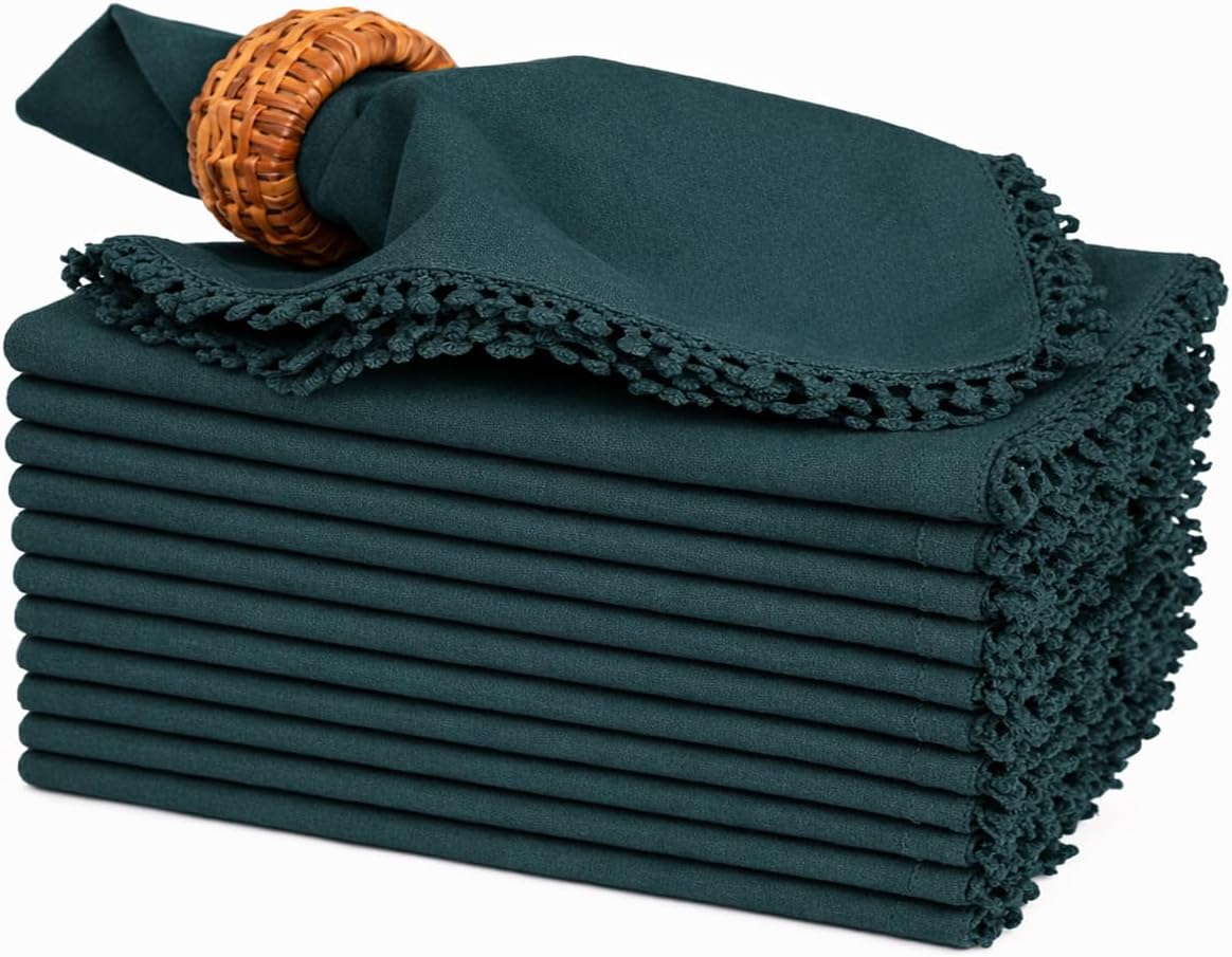 Bedding Craft Cotton Cloth Dinner Napkins Set of 12 – 18x18 Magical Forest with Decorative Lace Selvedge – Elegant