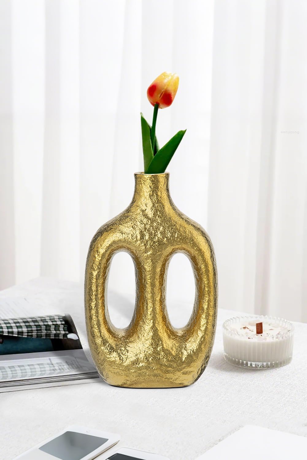 Modern Ceramic Vase Vases for Centerpieces Shelf Entryway Coffee / Double Hole / Gold / 9.4 Inch