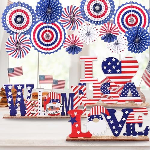 4th of July Patriotic Decorations, Red White Blue Hanging Paper Fans for Memorial Day Independence Day Fourth of July Decorations