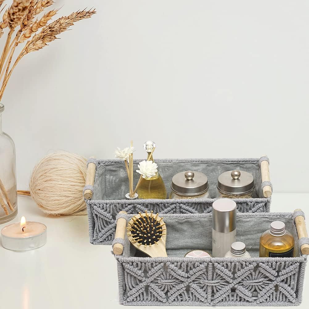Macrame Storage Basket Boho Decor Baskets for Organizing Woven Decorative for Countertop / Grey