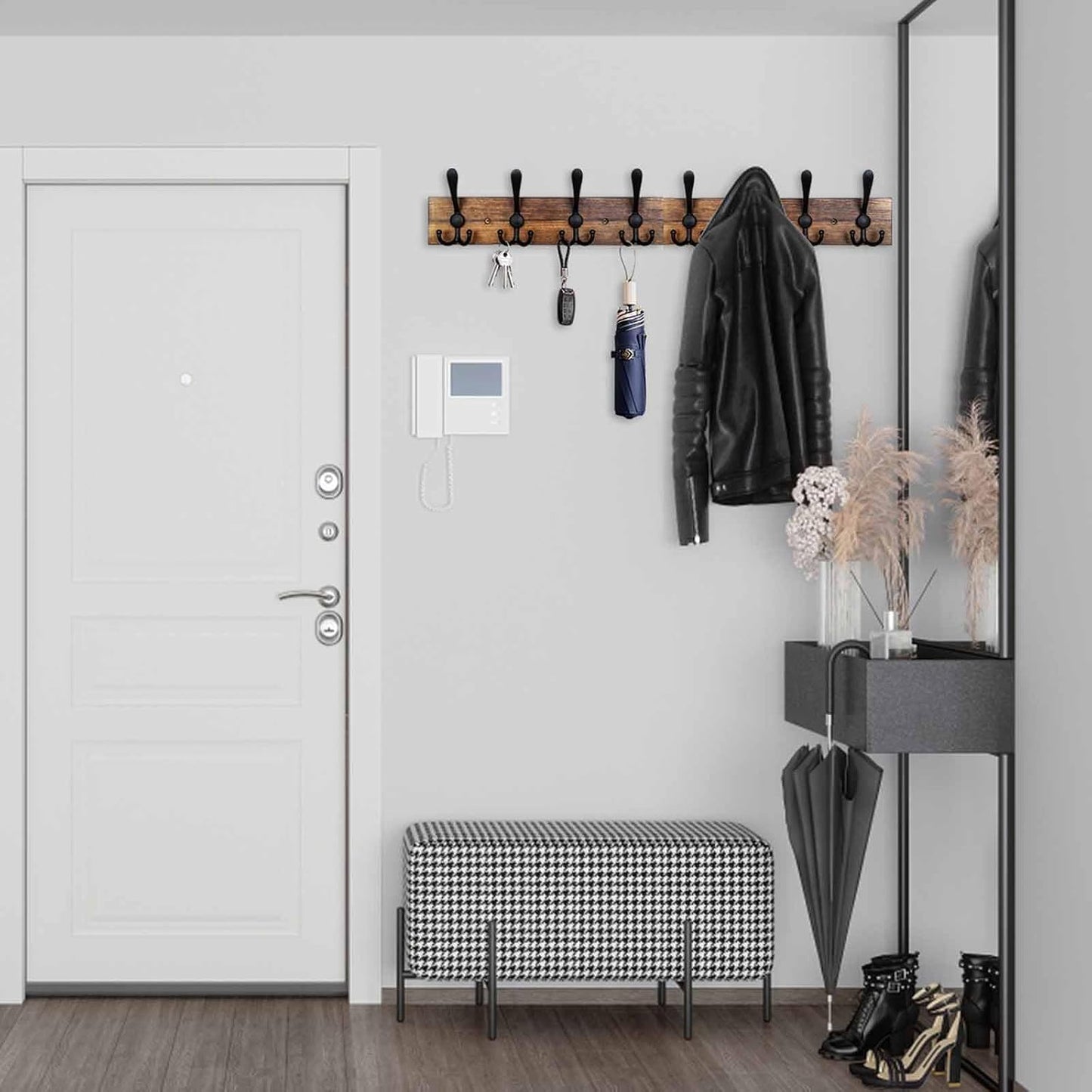 Coat Rack Wall Mount 31.5'' Coat Hanger Wall Mount / 1 Item-8 Hooks / Burnt Brown Plate & Black Hook