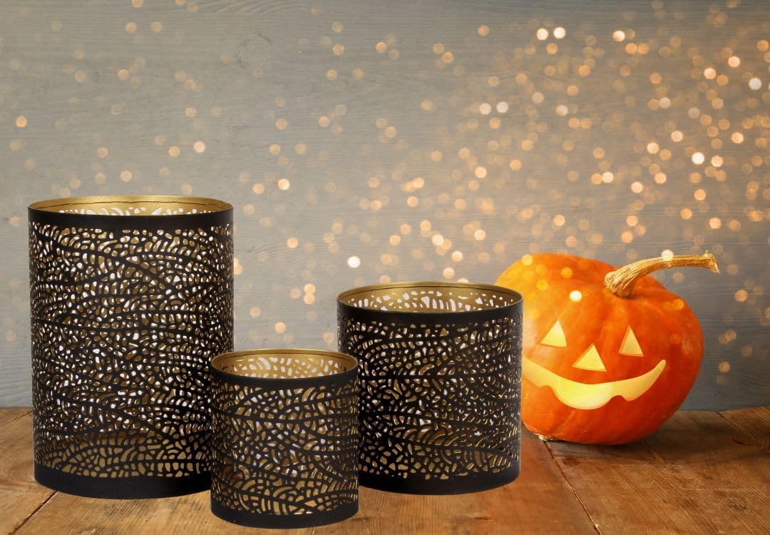 Lazy Gifts Set of 3 Black and Gold Metal Candle Holders – Decorative Tabletop Candle Holder Set for Pillar, Votive &