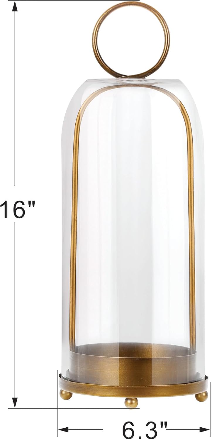 16" High Versatile Modern Metal Hurricane Lantern with Handmade Sturdy Glass Dome in Antique Brass for Pillar Candle &