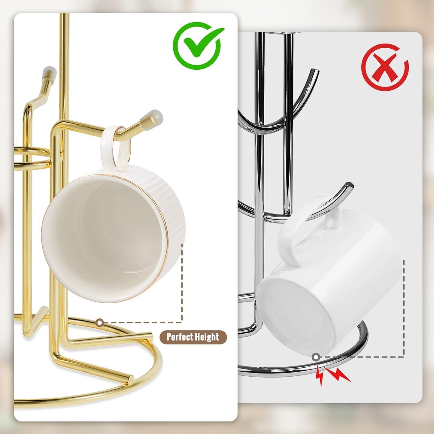 HULISEN Mug Tree for Large Cups, 6 Hook Countertop Coffee Mug Holder, Gold | Cup Rack for Counter, Stable Wide Base