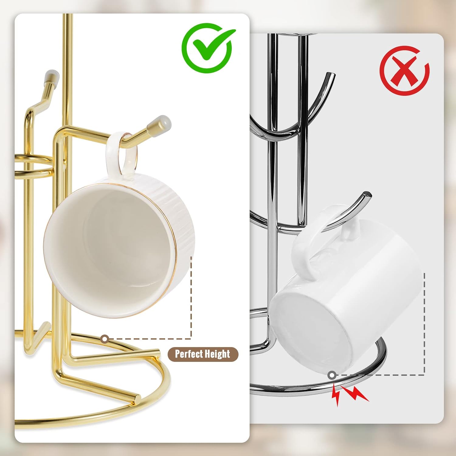 HULISEN Mug Tree for Large Cups, 6 Hook Countertop Coffee Mug Holder, Gold | Cup Rack for Counter, Stable Wide Base