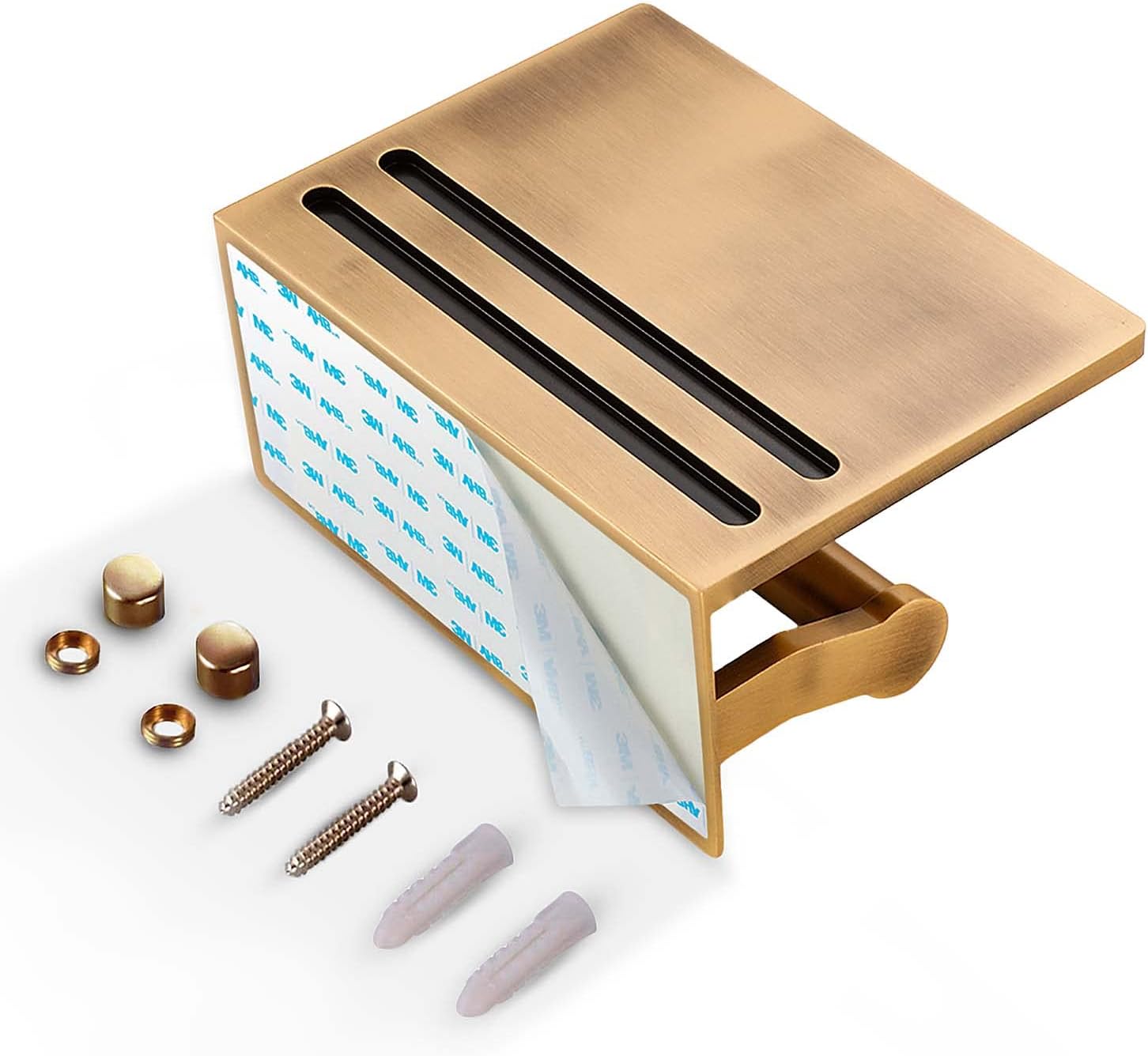 Toilet Paper Holder with Shelf, Aluminum Tissue Roll Dispenser with Mobile Phone Storage Shelf for Bathroom, 3M Self