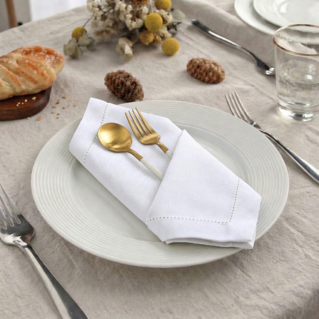 Plisa White Cotton Cloth Dinner Napkins Set of 12, 18x18 Inch | Hemstitched 100% Cotton Fabric Napkins - Soft &