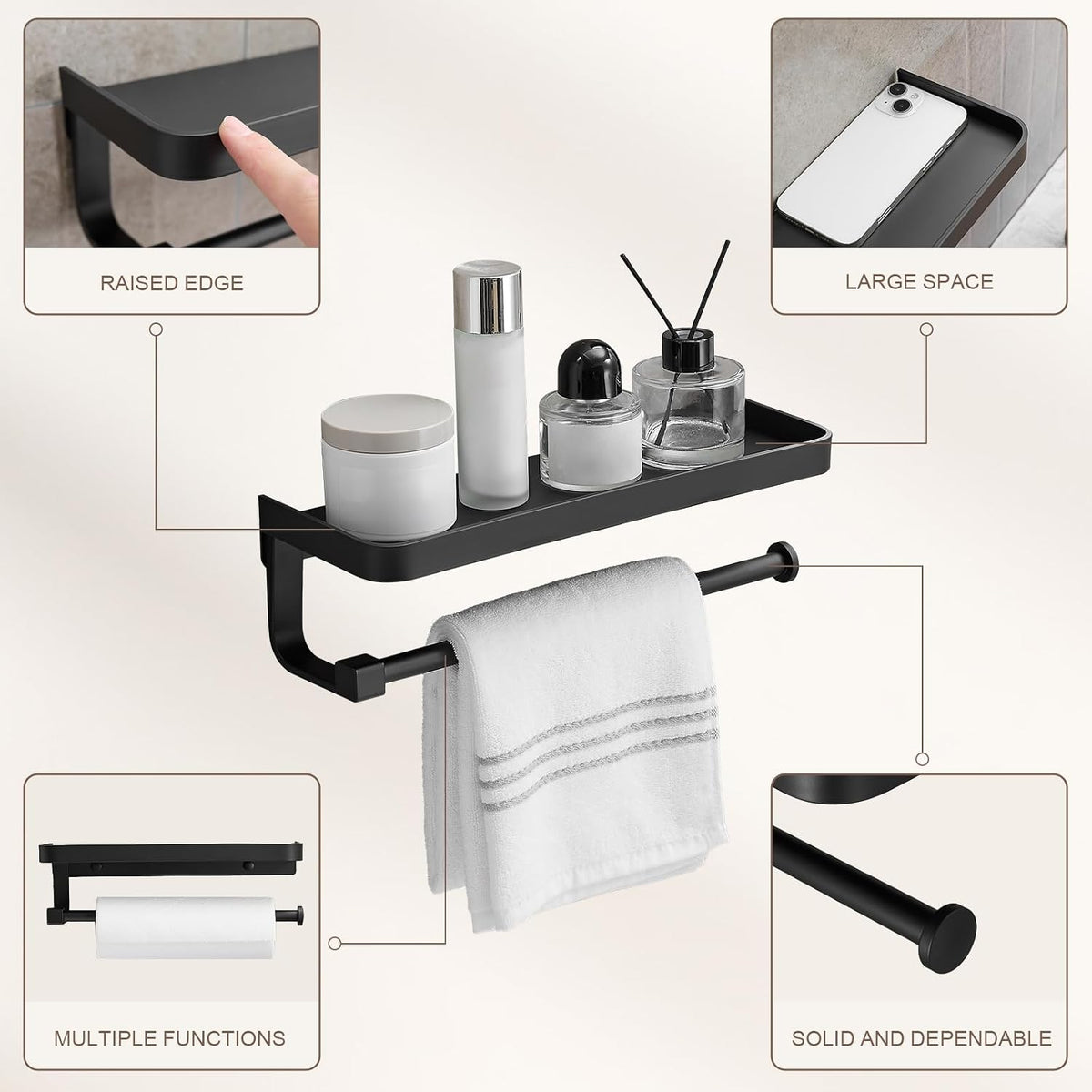 Paper Towel Holder Wall Mount with Shelf, Bathroom/Kitchen Paper Towel Holder, Effortless One-Handed Tear, Rust-Proof