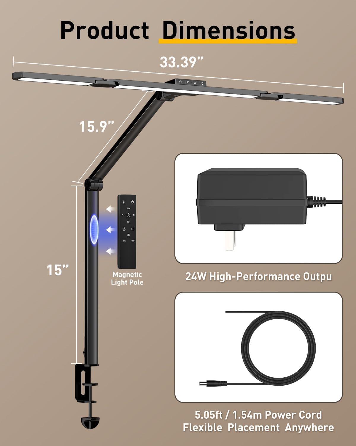 GUARDKING Desk Lamp for Home Office with Clamp 33.4" 5 Color & 5 Brightness | Led Desk Light with Remote Control