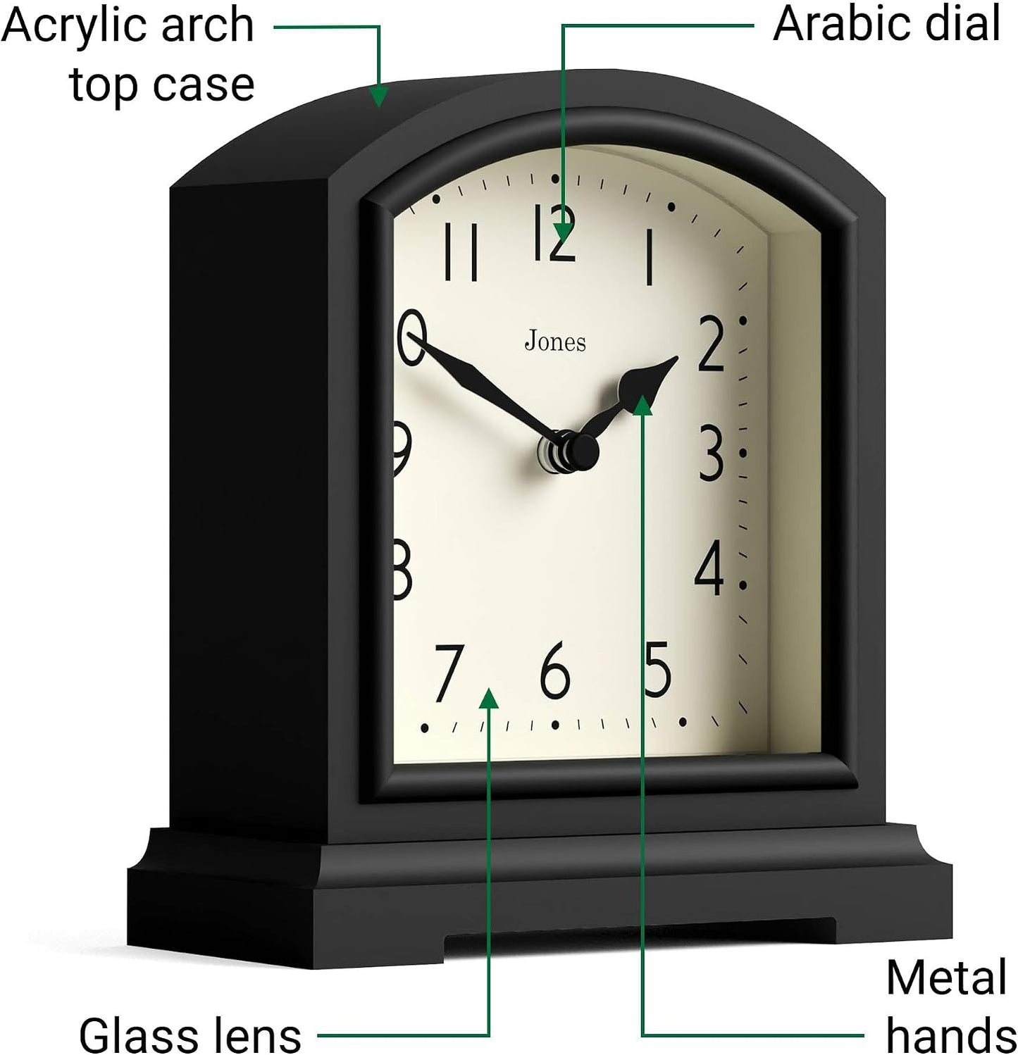 JONES CLOCKS® Tavern Mantel Clock | Modern Arch top Design | Black | Contemporary Classic Style for Desk, Table, Shelf