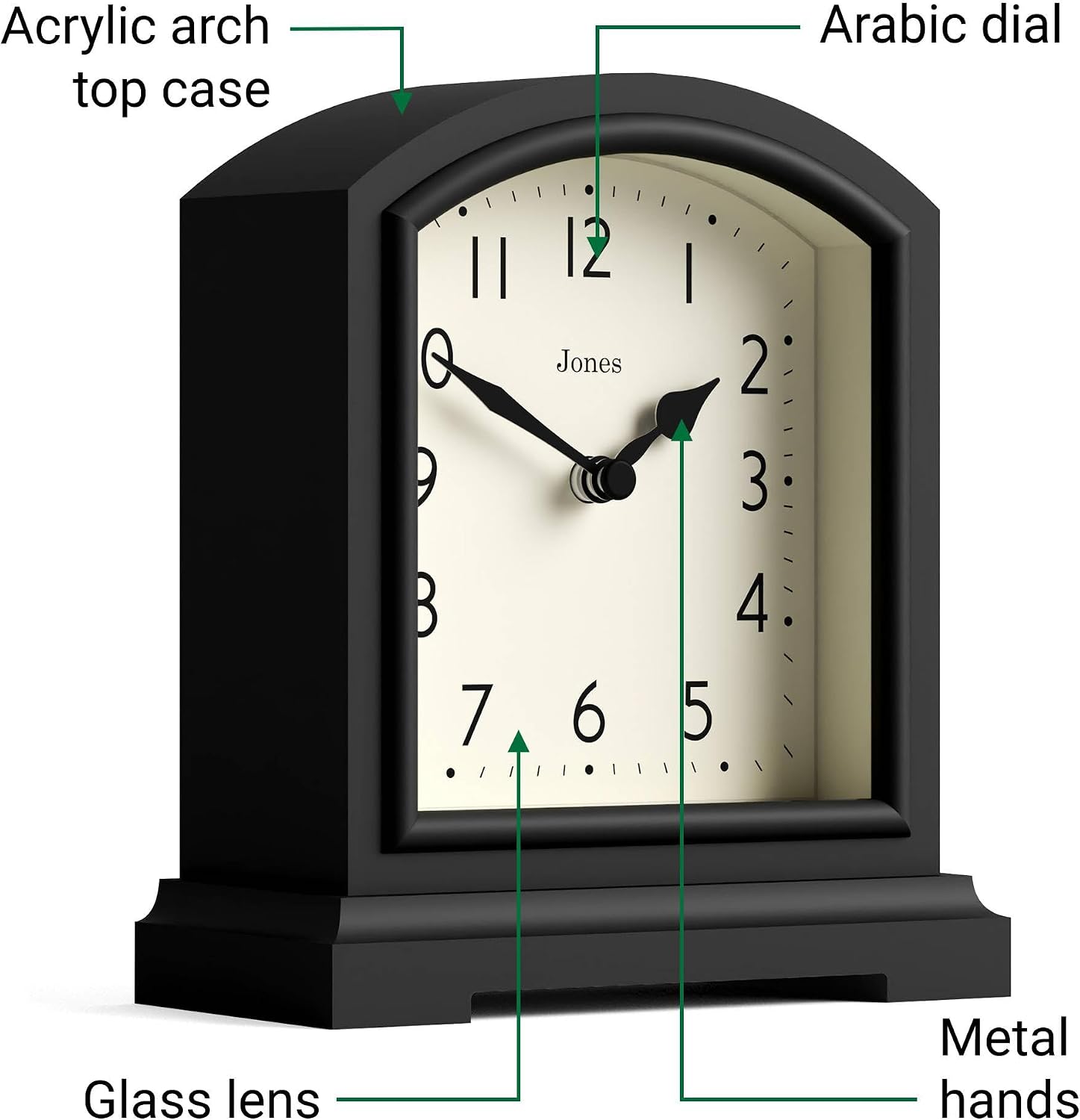JONES CLOCKS® Tavern Mantel Clock | Modern Arch top Design | Black | Contemporary Classic Style for Desk, Table, Shelf