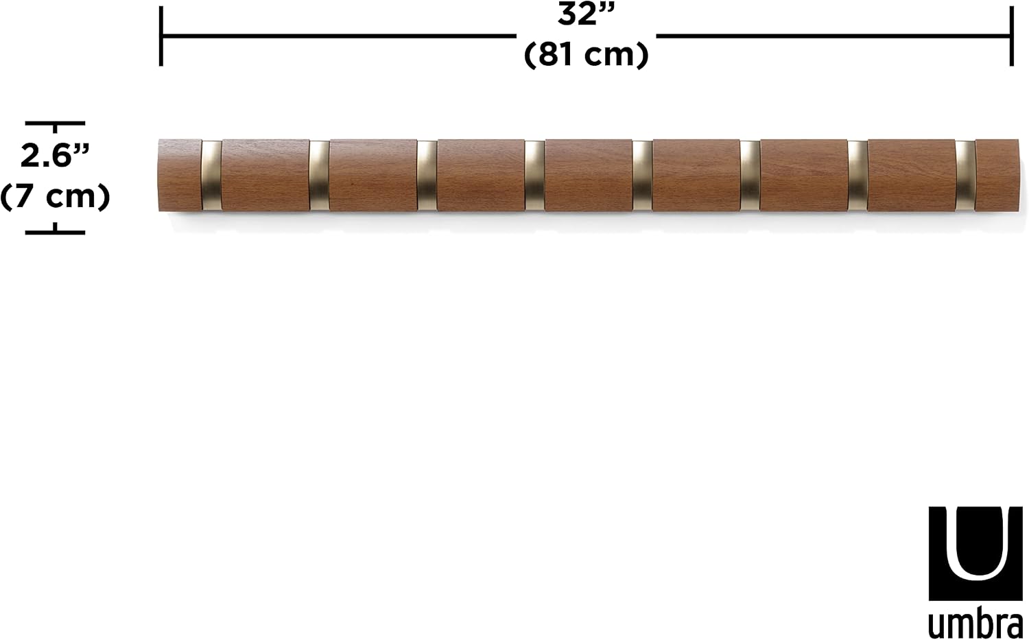 Umbra Flip Coat Rack, Wall Mount 8-Hook, Space Saving, Light Walnut/Warm Gold