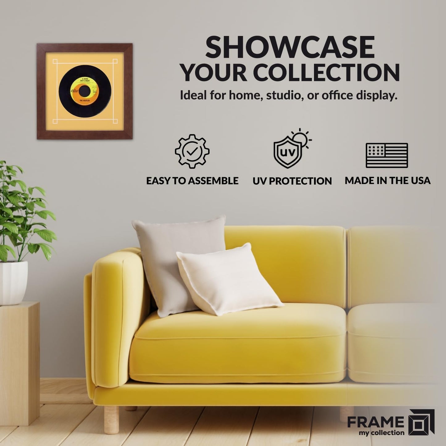 45 RPM Vinyl Record Frame | Wall Mounted Solid Wood Record Display Frame for Single 6 7/8-Inch Vinyl with Yellow Mat
