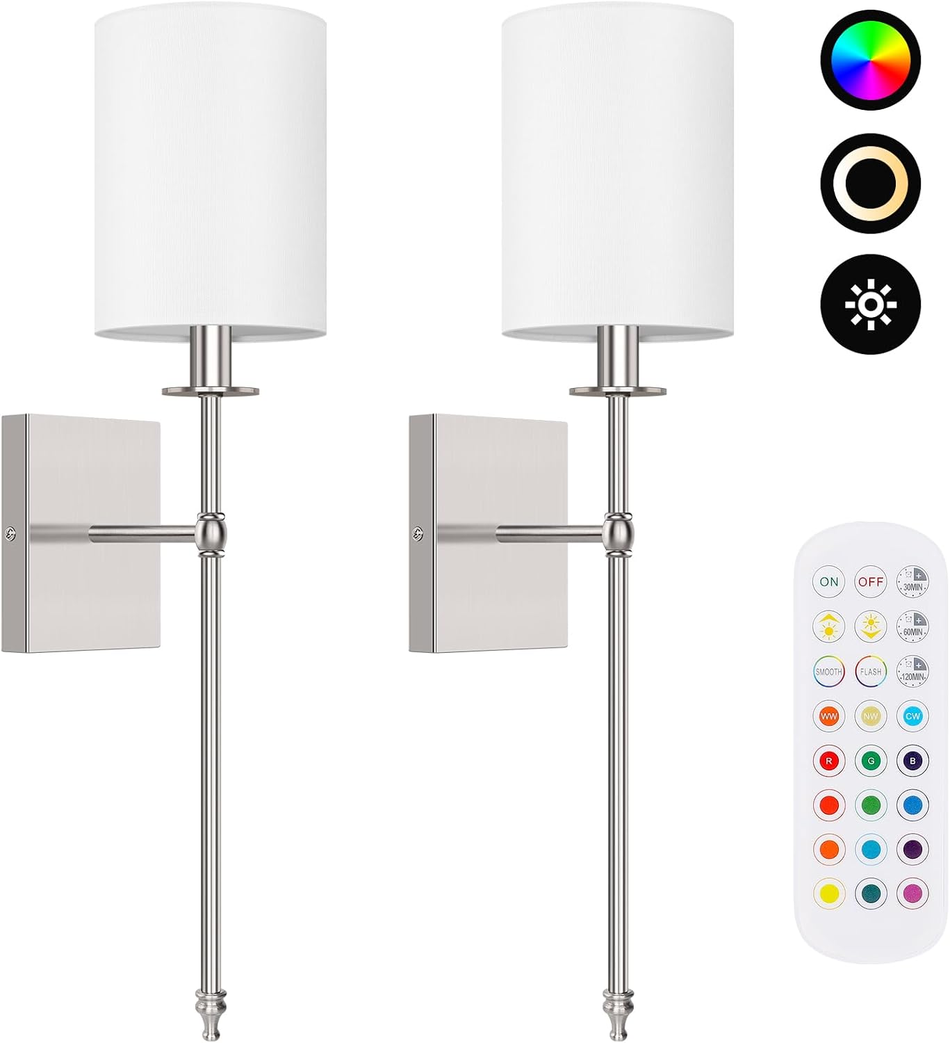 24 Inch Battery Operated Wall Sconces Set of 2 with Remote, Brushed Nickel Rechargeable Wireless Wall Lights with White
