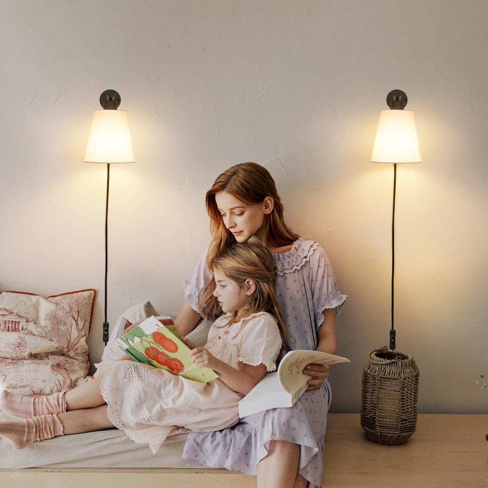Plug in Wall Sconces Set of Two, Wall Lamp with Plug in Cord, Black Wall Sconce Light Plug in, Bedside Wall Mounted