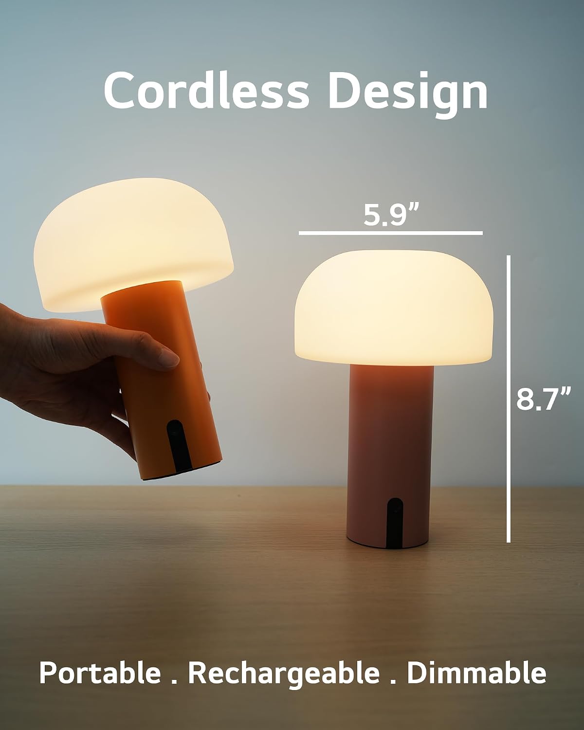 Small Cordless Mushroom Table Lamp, Waterproof Shower Lamp Orange | Original Design, Portable Rechargeable, Touch