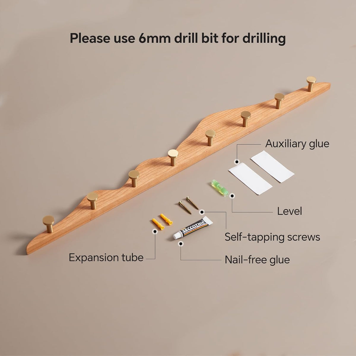 Wall Coat Rack, Cherry Wood, 8 Hooks | Elegant, Solid Coat Hanger, Wall Mount with Brass Hooks, Moisture-Resistant Wax