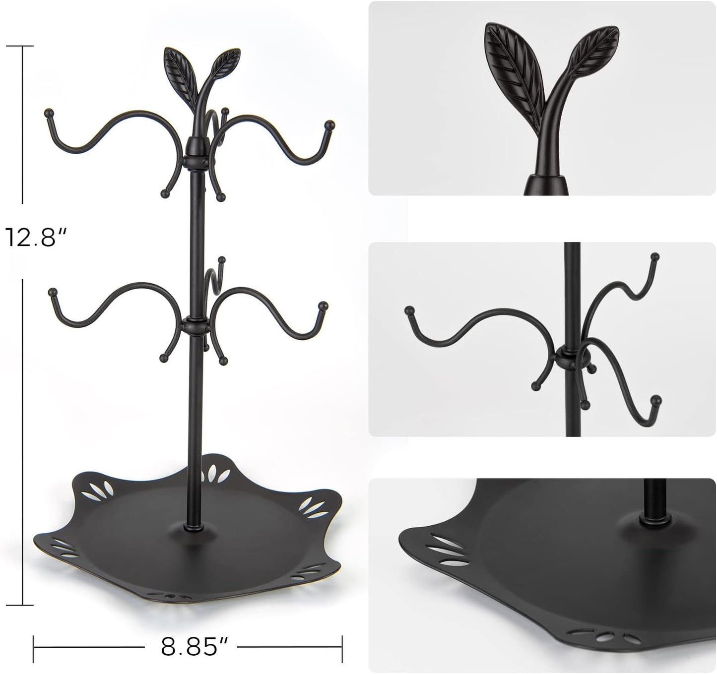 Coffee Mug Holder for Large Mugs, Mug Tree for Counter, Cup Holder for Countertop, Mug Rack with Tray, Metal Mug Tree