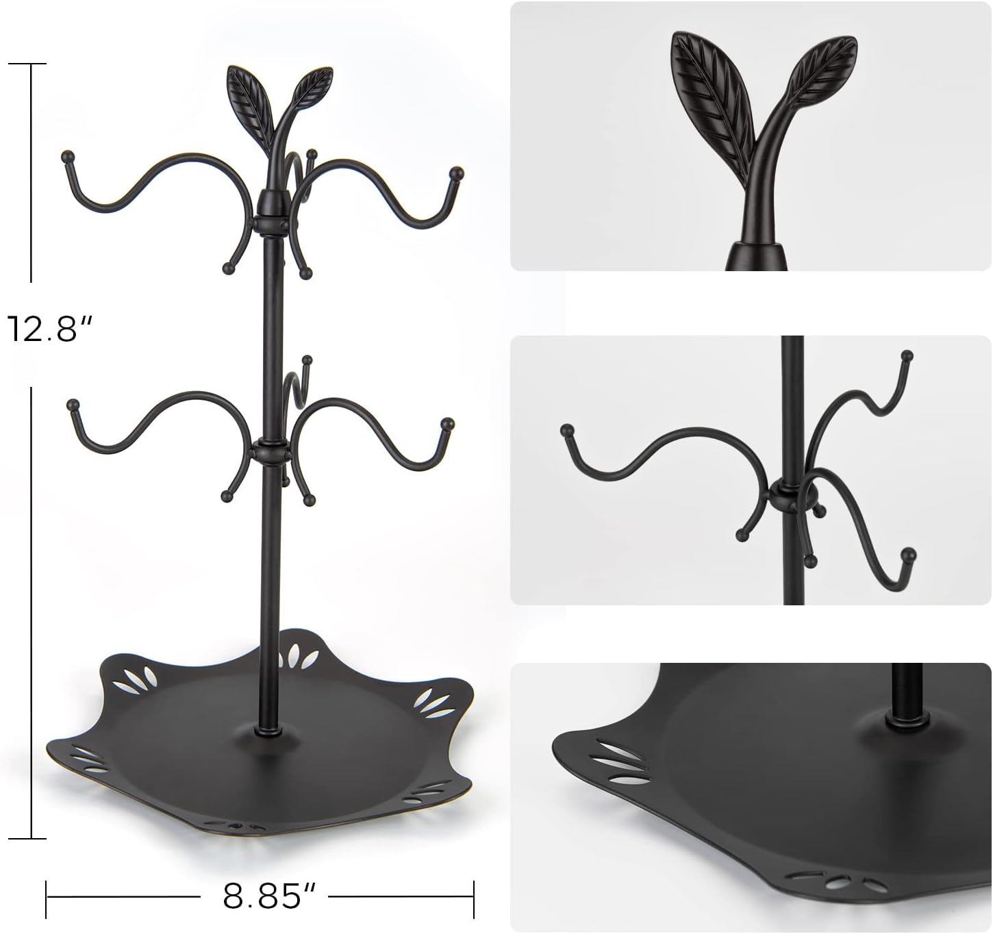 Coffee Mug Holder for Large Mugs, Mug Tree for Counter, Cup Holder for Countertop, Mug Rack with Tray, Metal Mug Tree