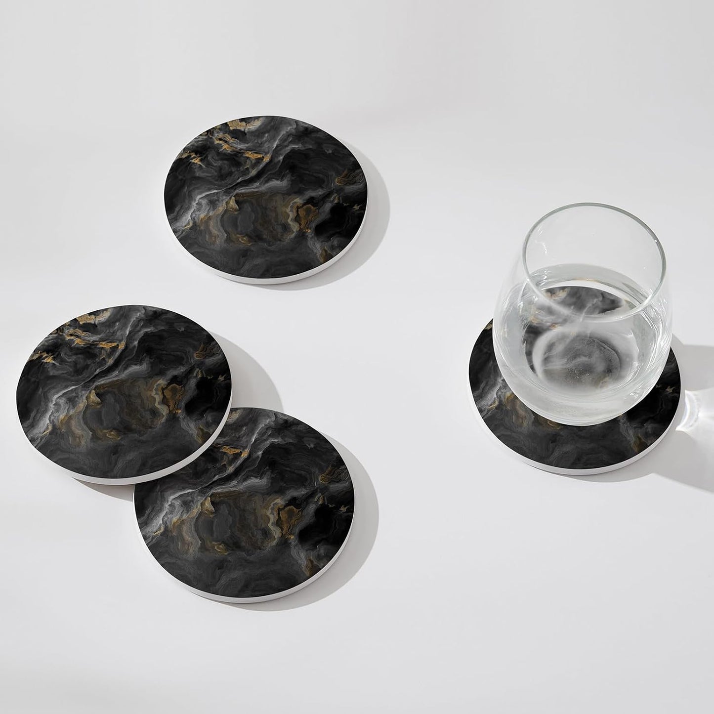 Holder / Absorbent Ceramic Coasters for Drinks / Abstract Black Marble / Set of 6
