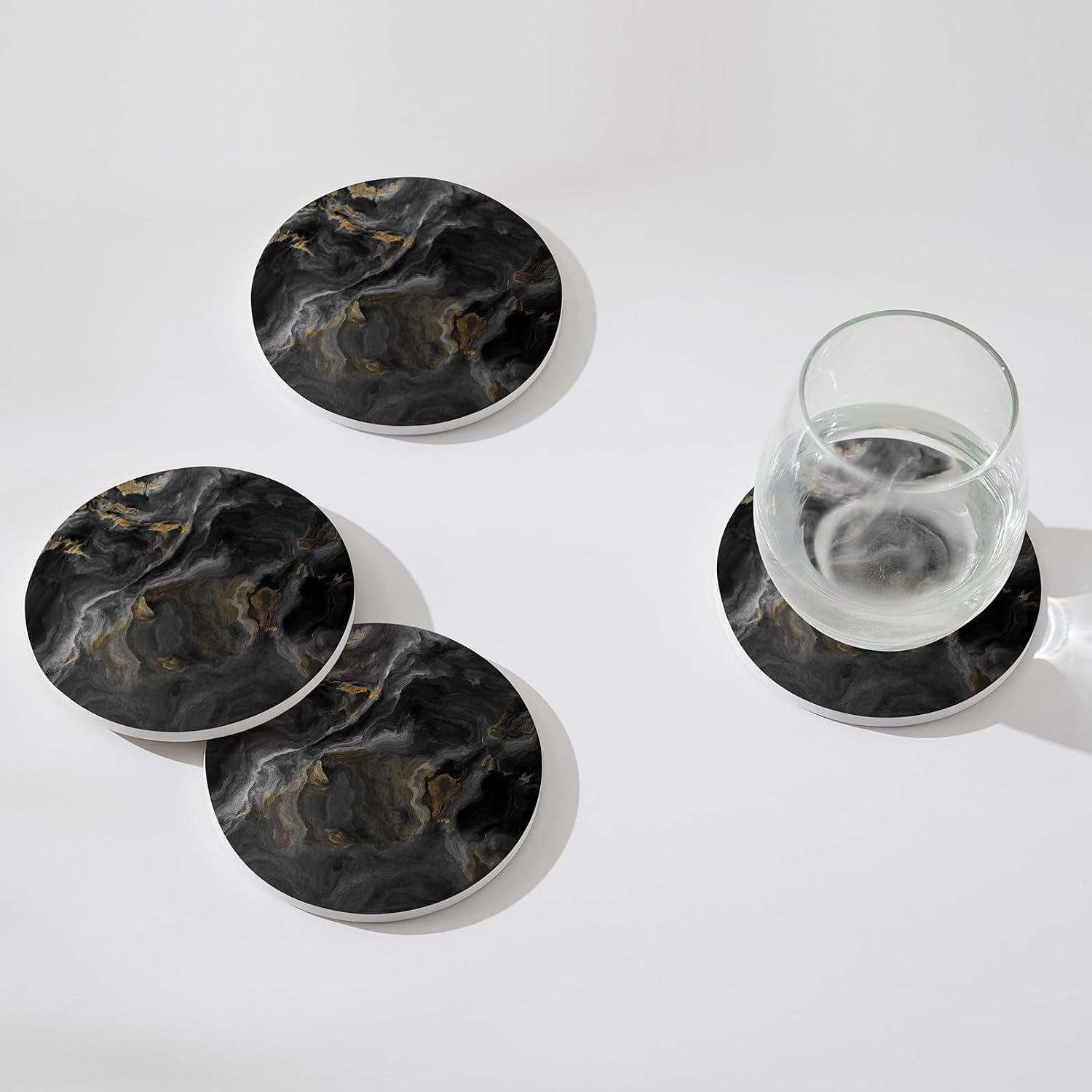 Holder / Absorbent Ceramic Coasters for Drinks / Abstract Black Marble / Set of 6