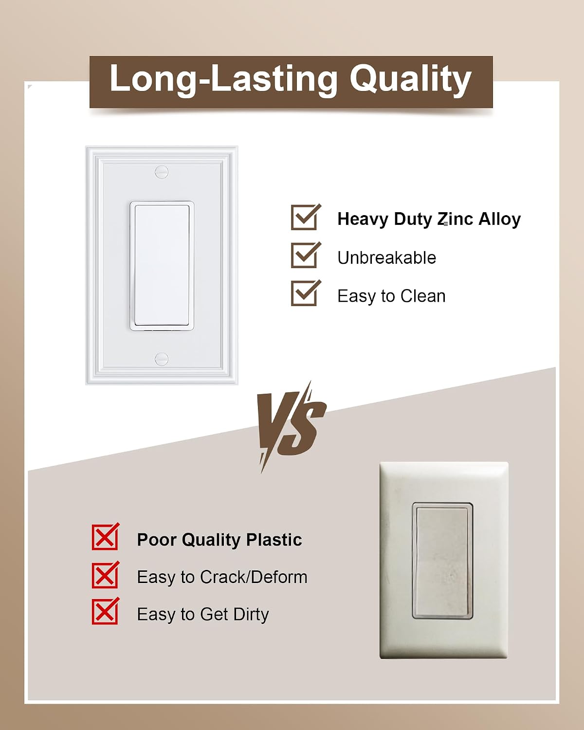 6-Pack Zinc Alloy Decorator Outlet Cover Plate, Solid Receptacle Cover | Decorative Switch Plates and Outlet Covers