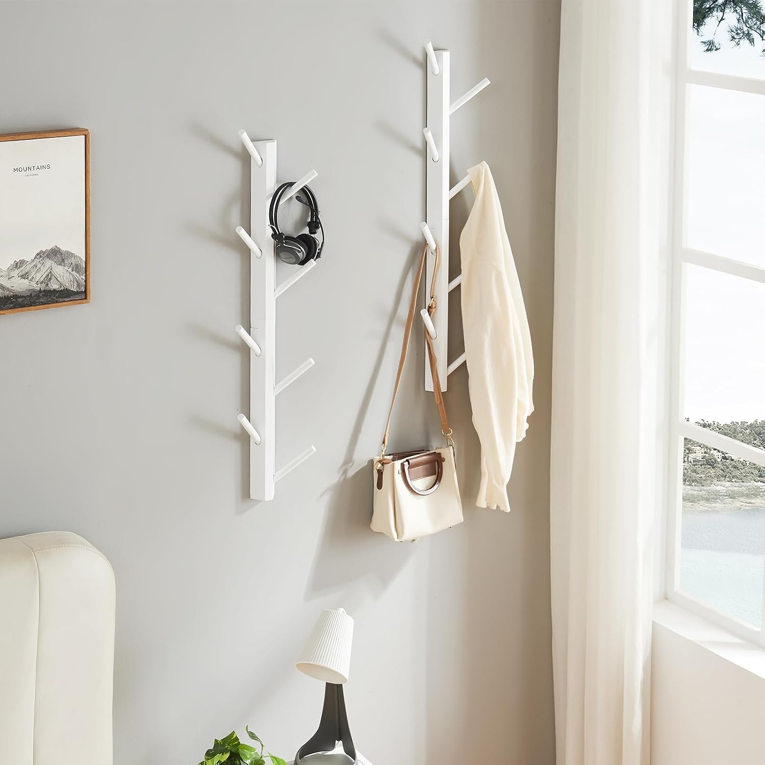 2-Pack Vertical Wall Mount Coat Rack for Clothes and Hats, White | Bamboo construction, 16 polished hooks, max 50 lbs