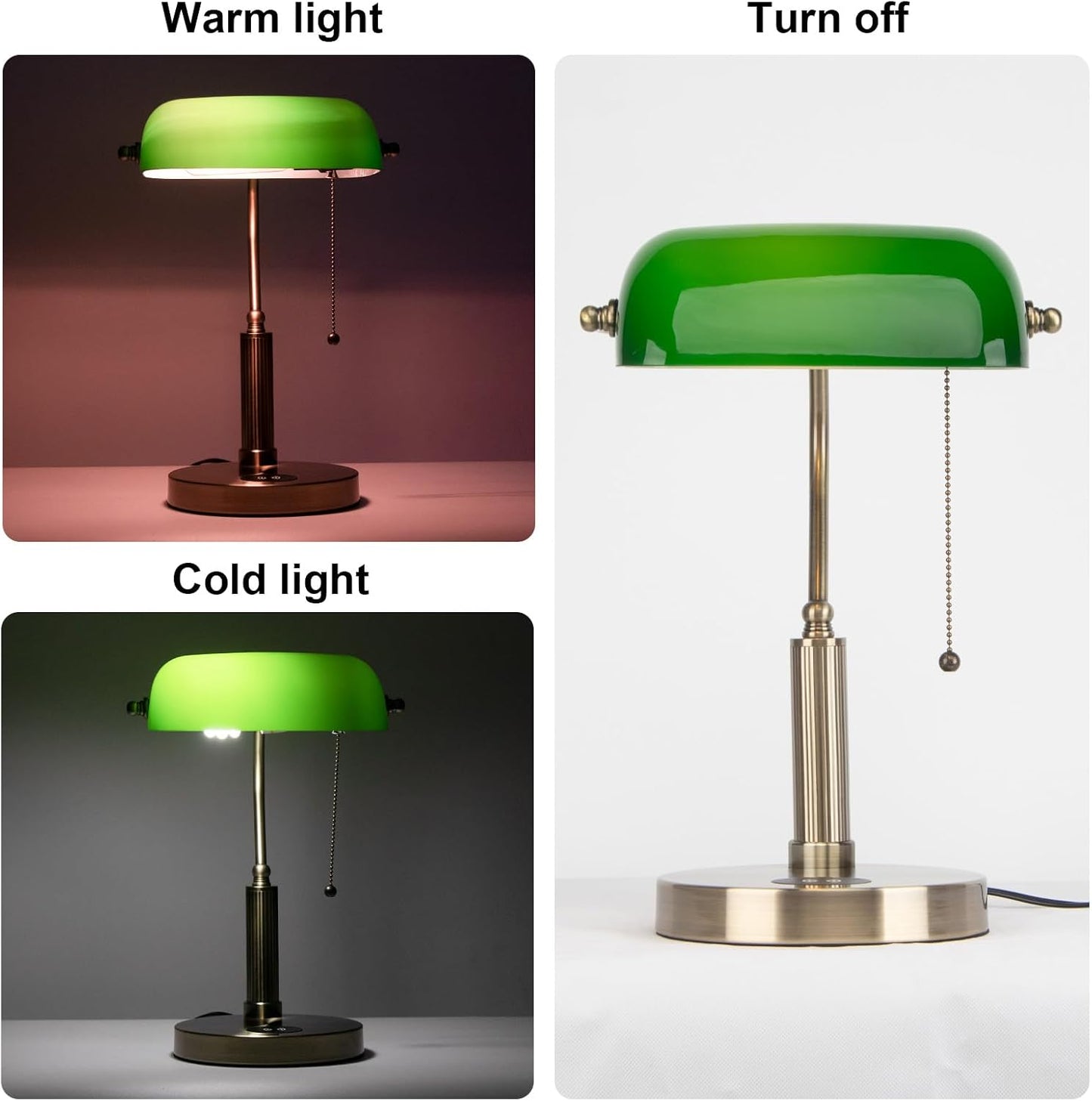 FIRVRE Glass Bankers Desk Lamp,USB Wireless Charging Port LED Desk Lamp, Classic Retro Pull Chain Switch Table lamp