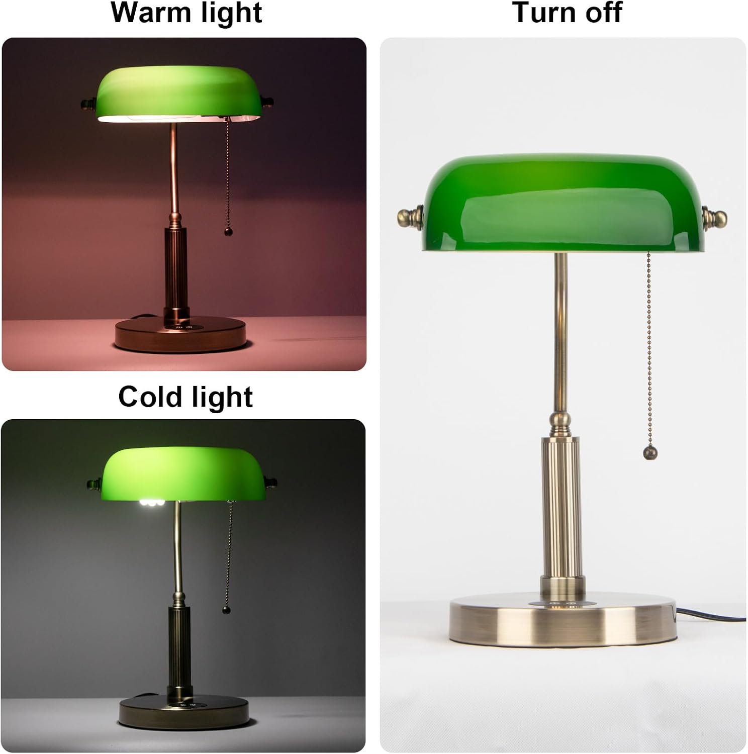 FIRVRE Glass Bankers Desk Lamp,USB Wireless Charging Port LED Desk Lamp, Classic Retro Pull Chain Switch Table lamp