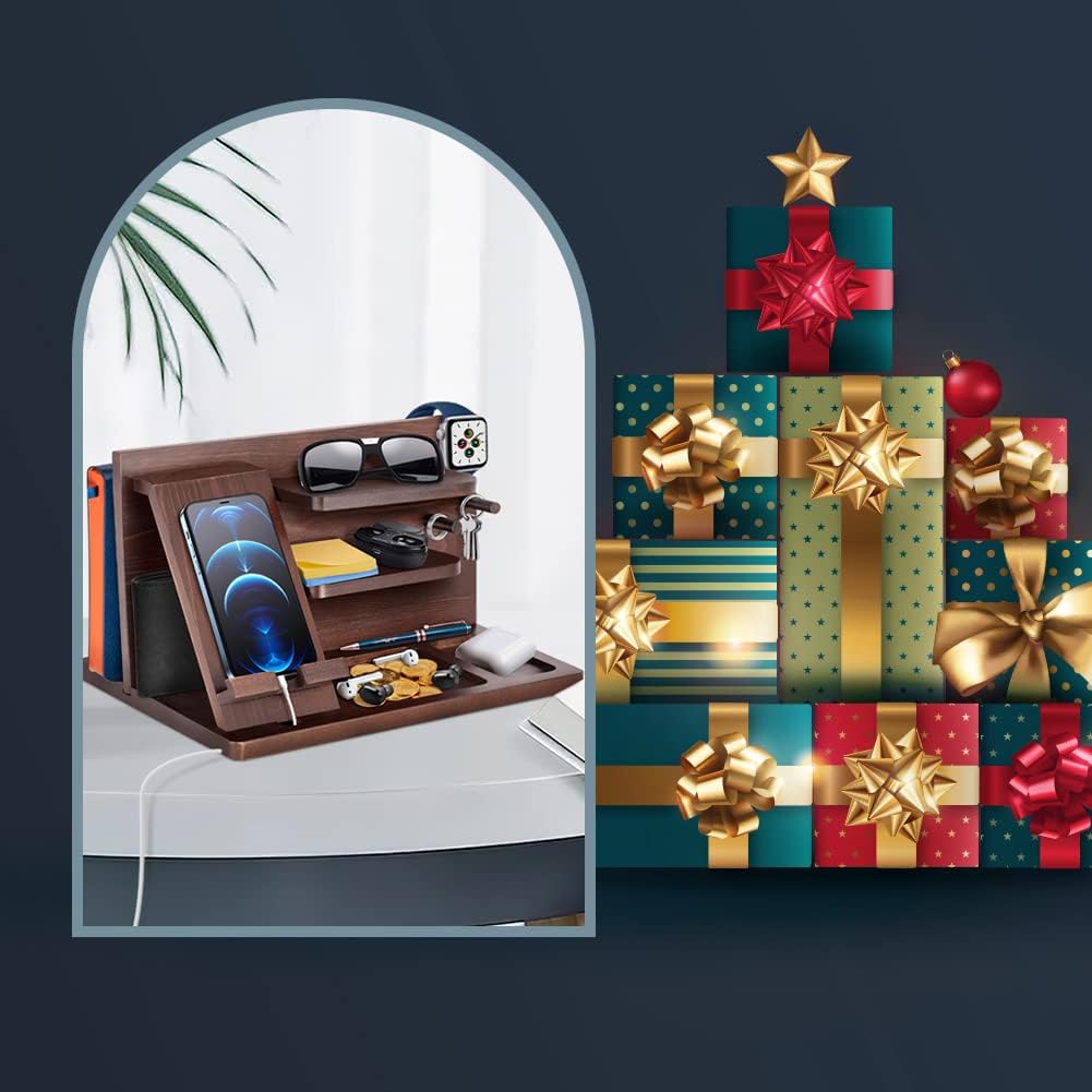 Gifts for Men Bedside Organiser Wood Phone Docking Station Dad Birthday Gifts for Him Nightstand Key Wallet Watch Stand