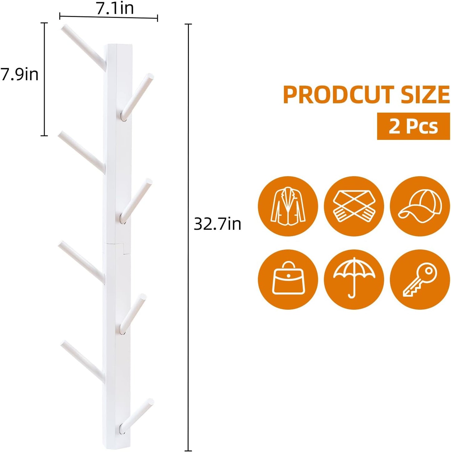 2-Pack Vertical Wall Mount Coat Rack for Clothes and Hats, White | Bamboo construction, 16 polished hooks, max 50 lbs