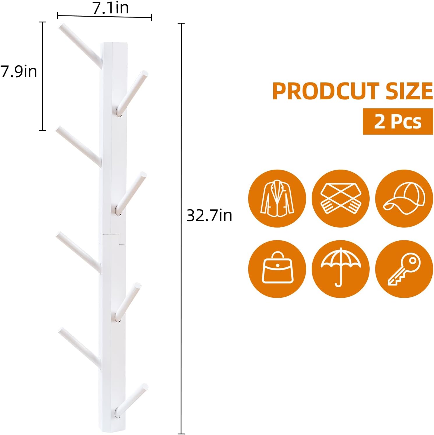 2-Pack Vertical Wall Mount Coat Rack for Clothes and Hats, White | Bamboo construction, 16 polished hooks, max 50 lbs