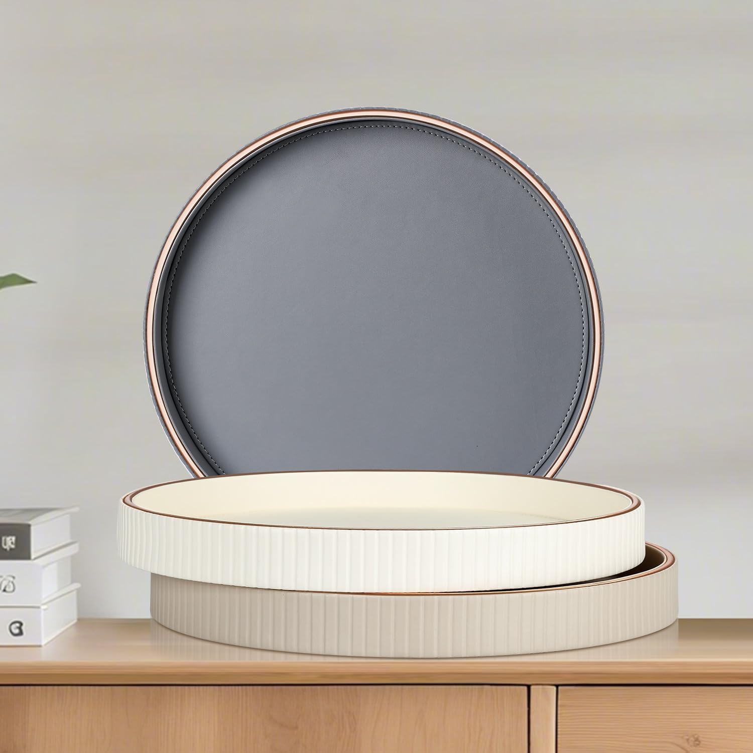 12" Round Decorative Tray / Beige