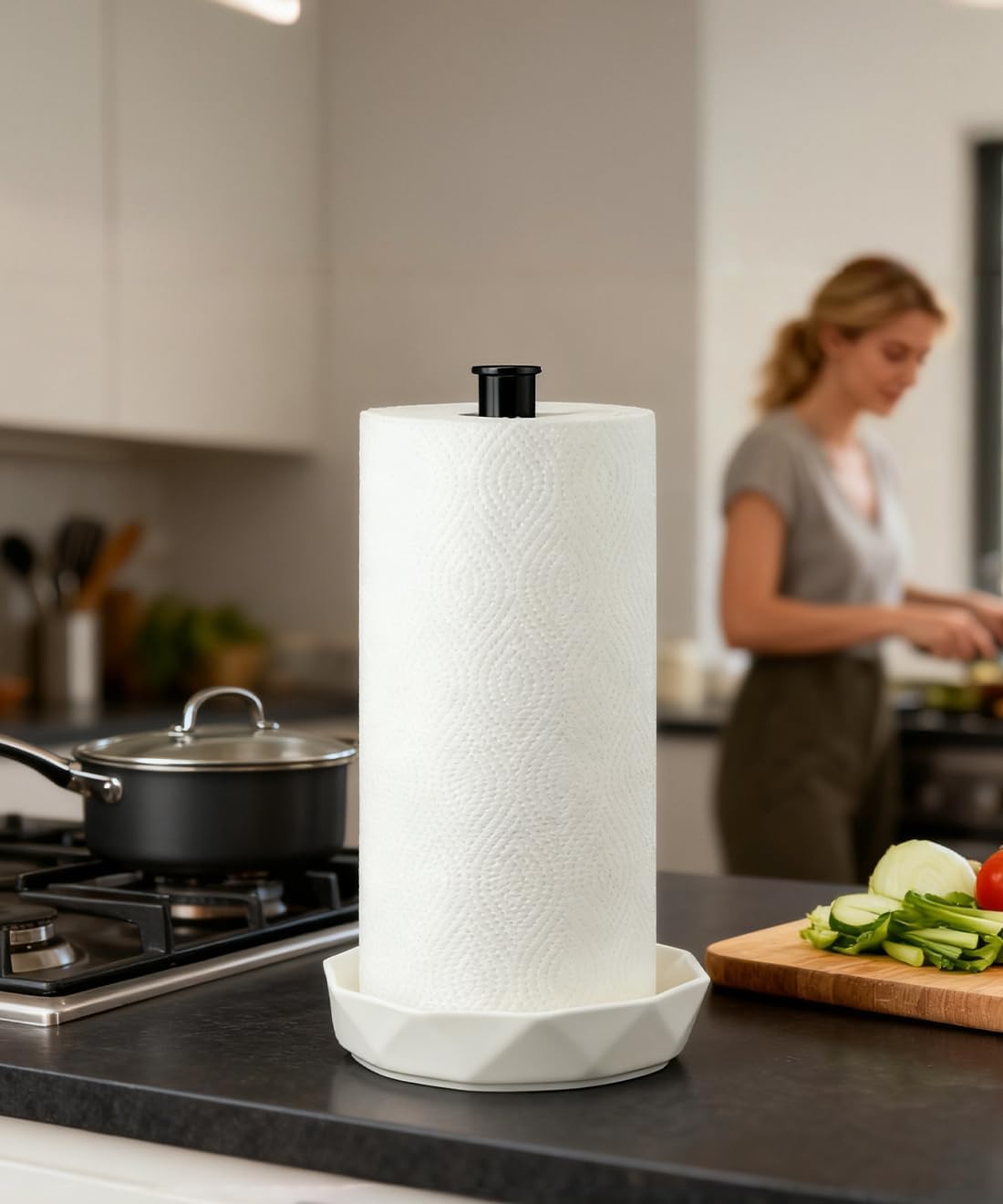 Paper Towel Holder, Ceramic Base Water Resistant, Fits Large Rolls, Black | Easy to Clean and Built to Last,Standing