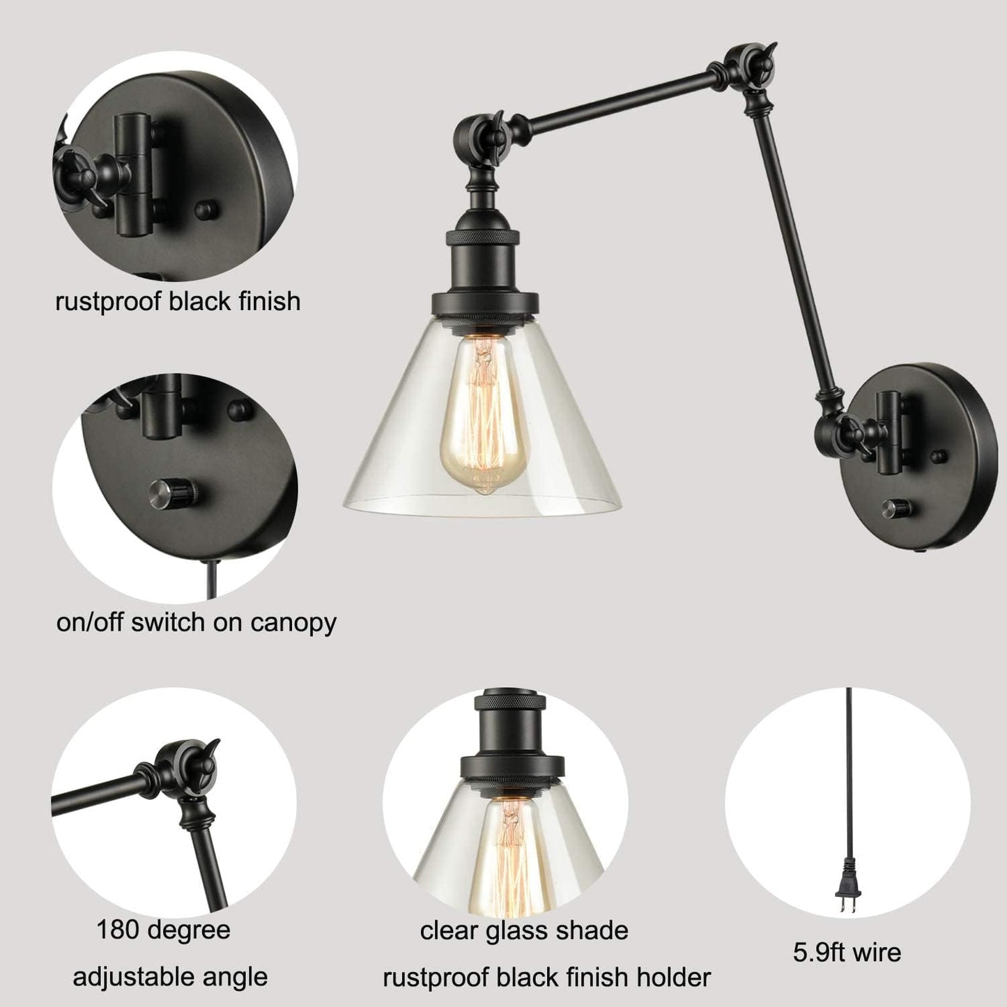 Industrial Swing Arm Plug in Wall Mounted Wall Sconce | Wall Lamp with On/Off Switch for Bedroom Living Room Hallway