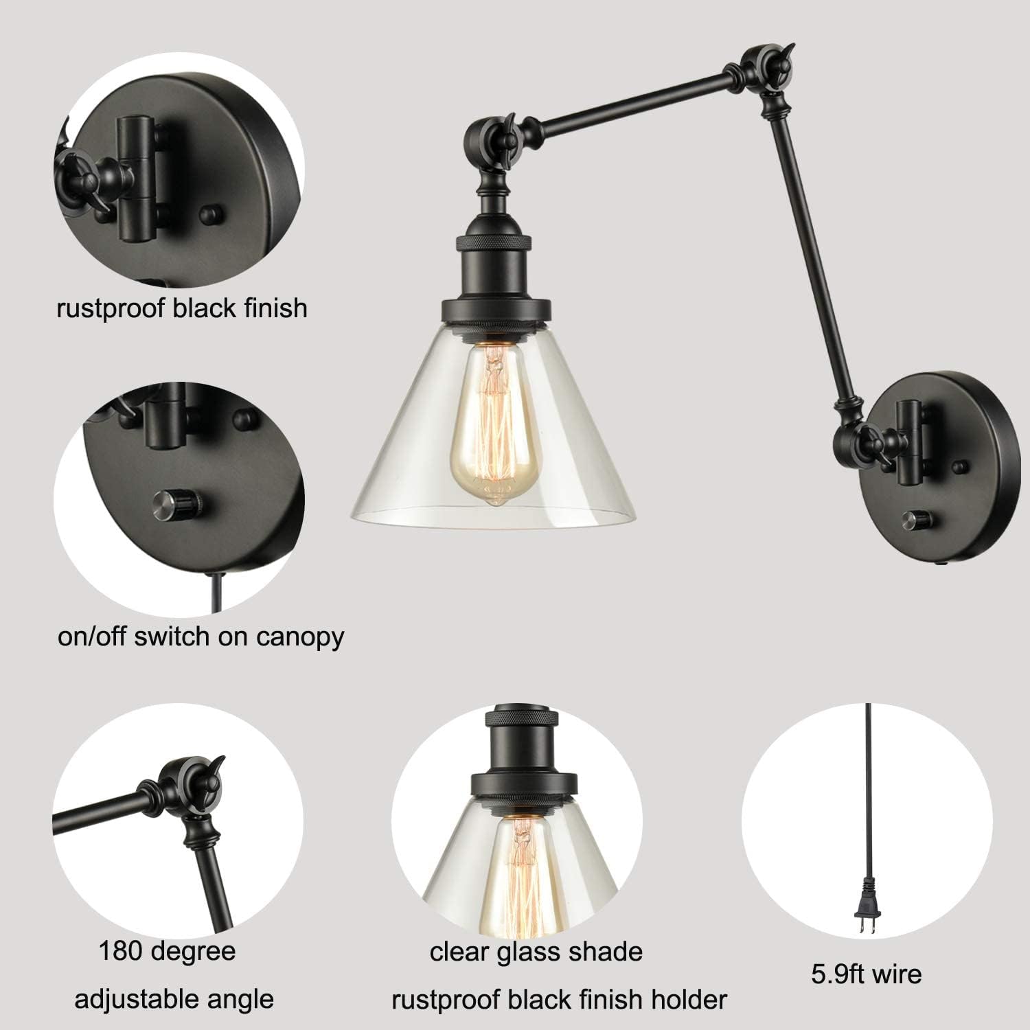 Industrial Swing Arm Plug in Wall Mounted Wall Sconce | Wall Lamp with On/Off Switch for Bedroom Living Room Hallway