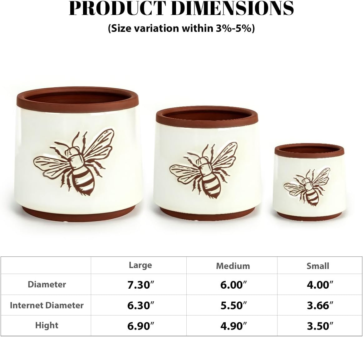 YBX Terracotta Pots / 8+6+4 Inch / White Bee