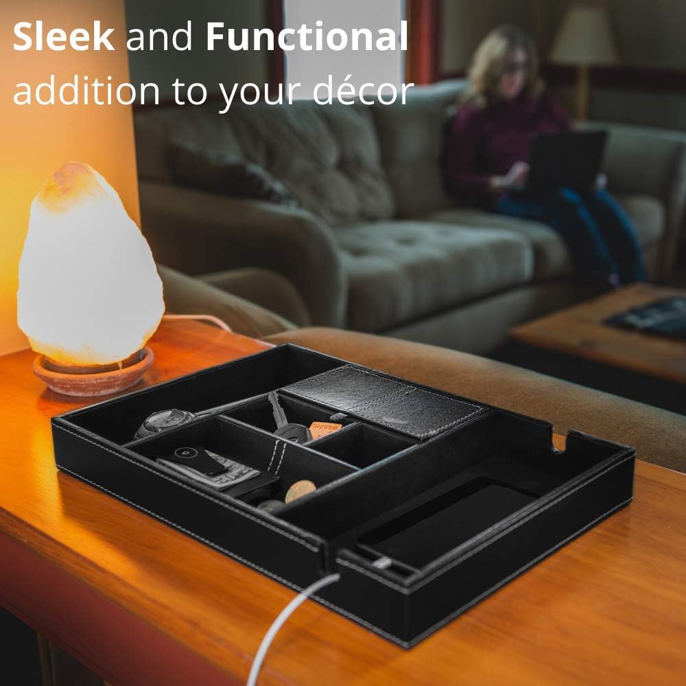 ULTRAY, Valet Tray for Men, Nightstand Organizer, Entry Table Organizer, Catch All, Black Faux Leather Box, 6