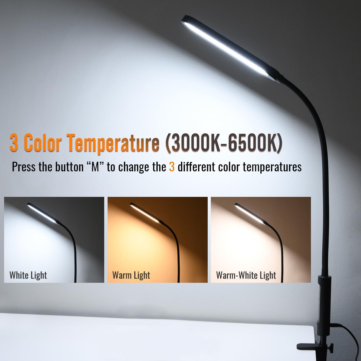 18W 3000LM LED Clamp Desk Lamp | CRI 95 Eye-Caring Light with Remote & Touch Control, 360 Flexible Gooseneck, 3 Color