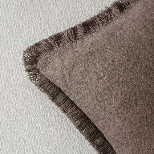 MIULEE Boho Linen Fringe Decorative Fall Throw Pillow Covers Coffee 20x20