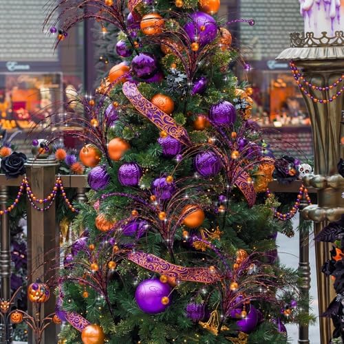 Suncalla 9 Pcs Halloween Floral Picks 17.7 Inch Artificial Glitter Stems Halloween Tree Vase Filler Decoration Purple Orange Black Table Centerpiece Decor Sprays Picks for Wreath Party Home